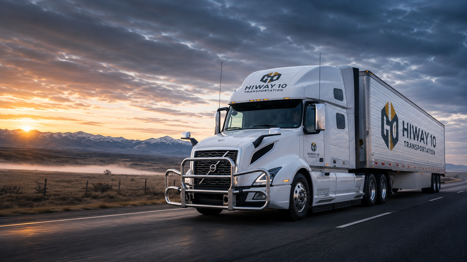 HiWay10 branded semi-truck fleet on a Canadian highway